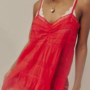 Free People Selia Slip Racing Red V Neck Tiered Lace Straps Dress